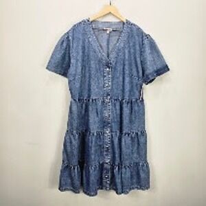 Mini Dress 2XL Chambray Babydoll Tiered Puff Sleeve Cottagecore Country NWT
